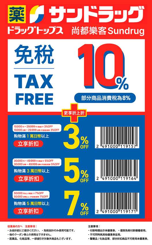 日本尚都樂客 Sundrug 藥妝店免稅優惠券,包含 10% 免稅加上最高 7% 滿額立享折扣條碼