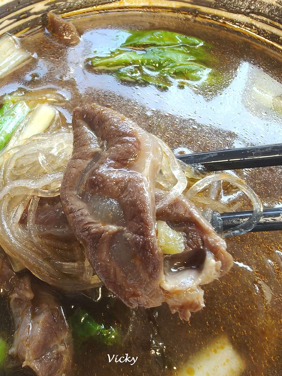 台南生產路佳福川味牛肉麵特寫,半筋半肉軟嫩多汁且吸附濃郁中藥湯頭。