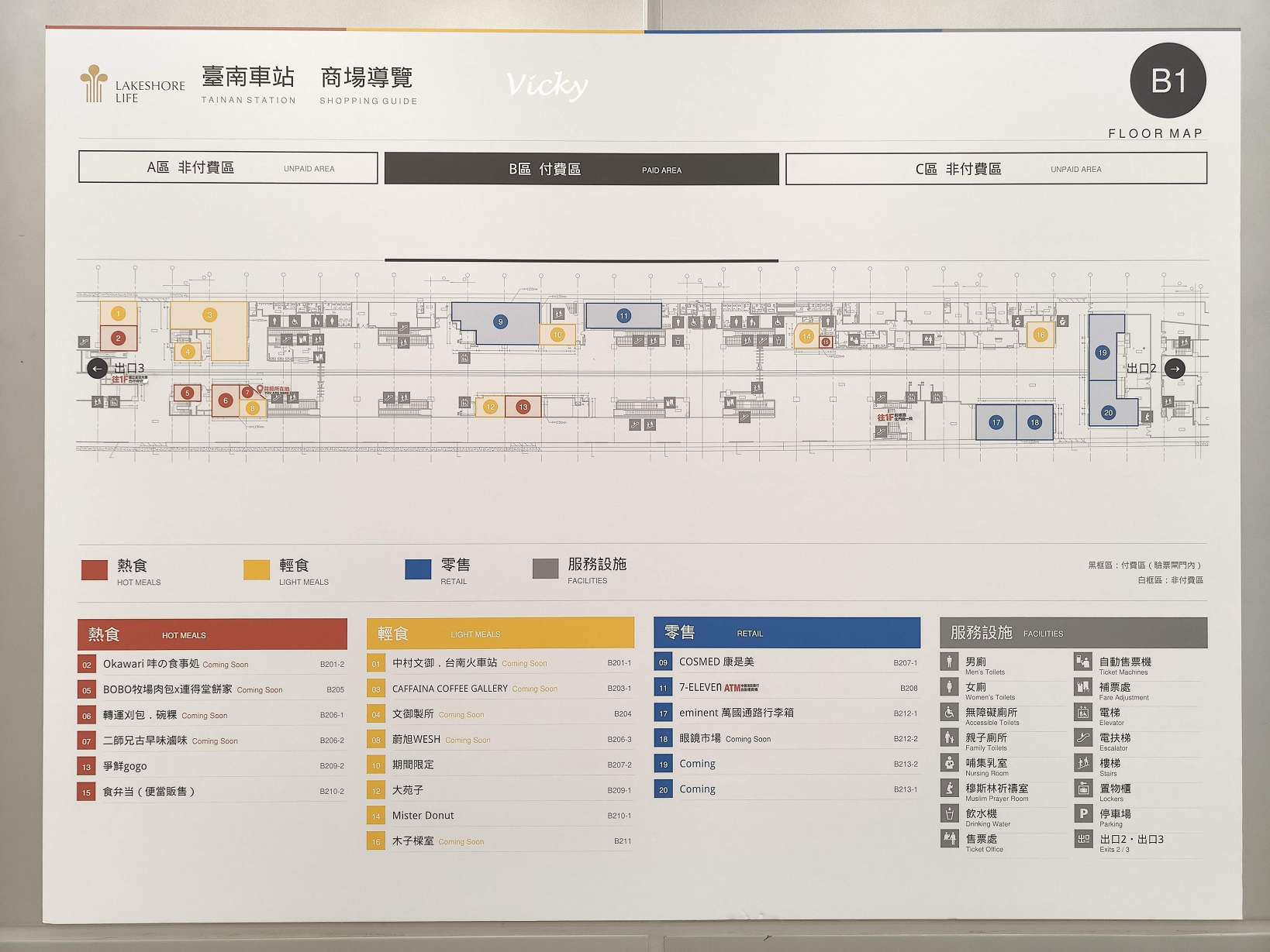 台南火車站地下化車站B1商場導覽地圖與店家設施指標